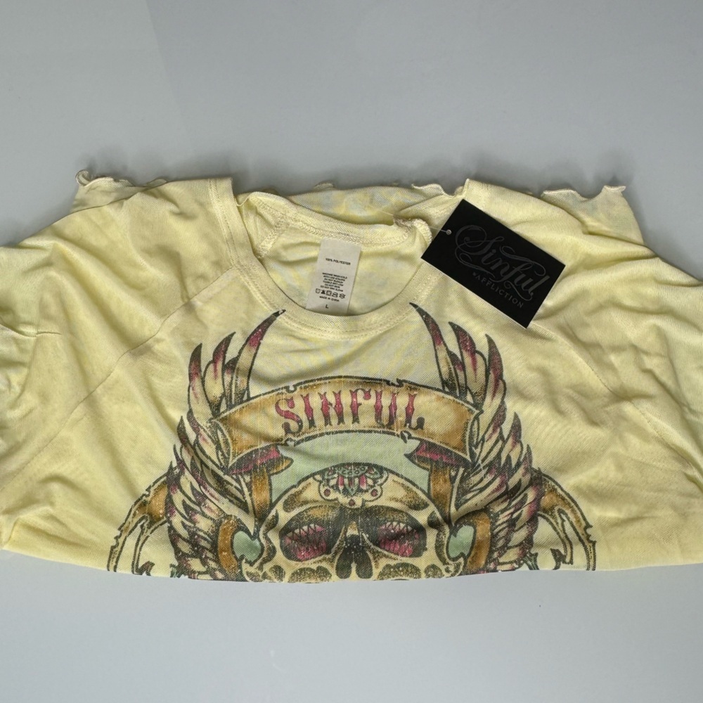 Sinful By Affliction Sheer Short Sleeve T-Shirt - Yellow - XS / L - NWT - Picture 7 of 8